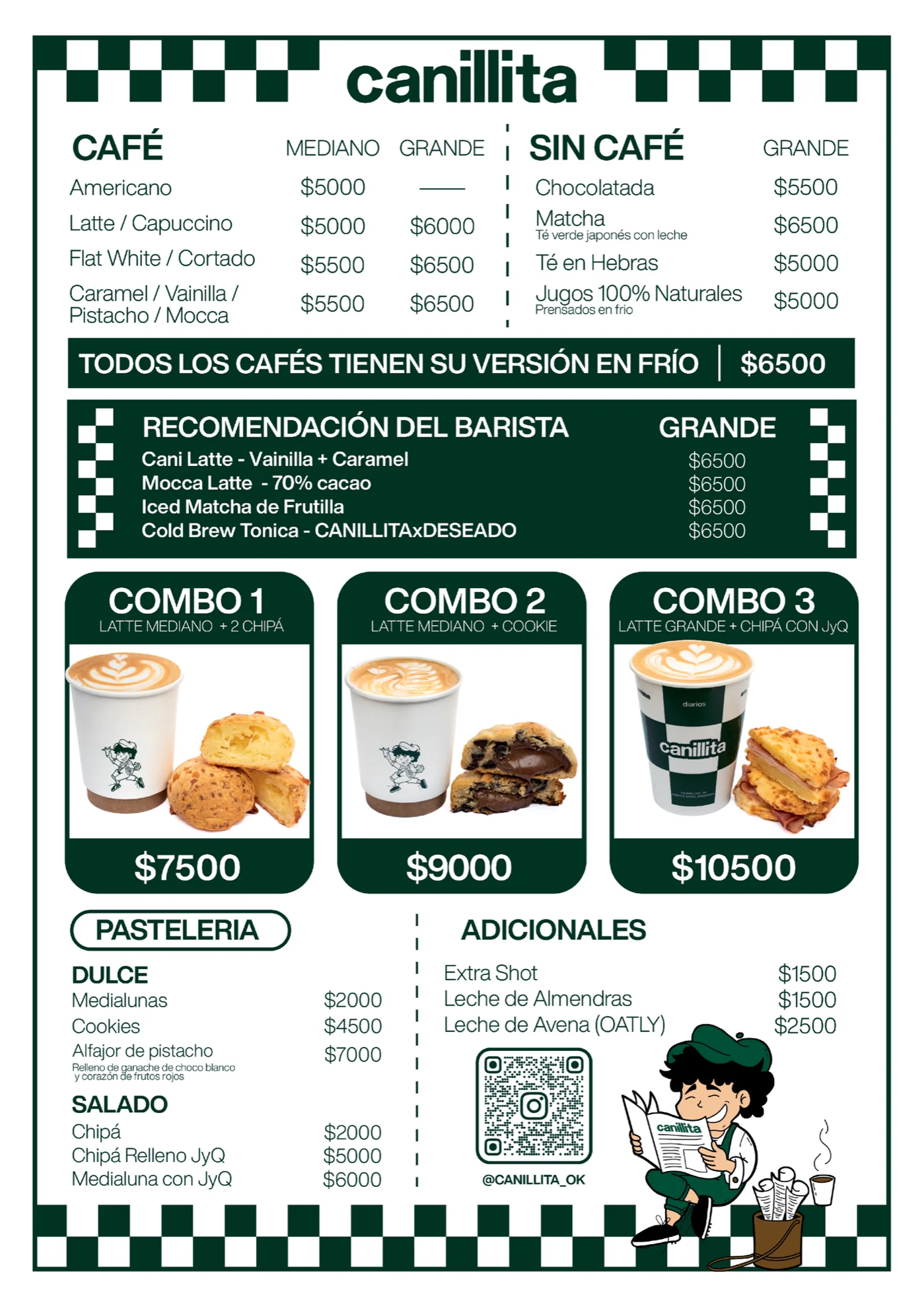 Menú de Canillita: cafés, bebidas sin café, combos, pastelería y adicionales con sus precios